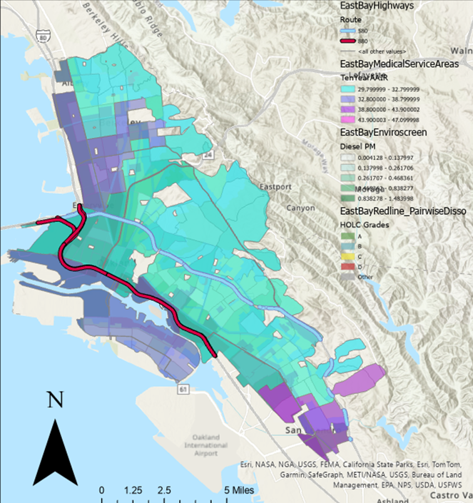 In this map, along a gradient from lighter/greener shades to darker colors, the dark blues represent areas with higher rates of respiratory illness along highway 880 (the red line).