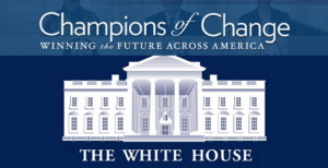 White House illustration with "Champions of Change: Winning the Future Across America" text on blue background