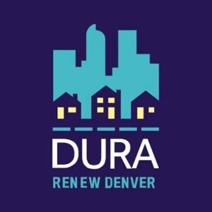 DURA Renew Denver logo with teal buildings and houses on dark purple background