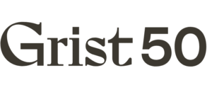 Grist 50 logo in bold serif typeface with decorative arrow above the G