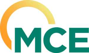 MCE logo with orange curved design and teal text