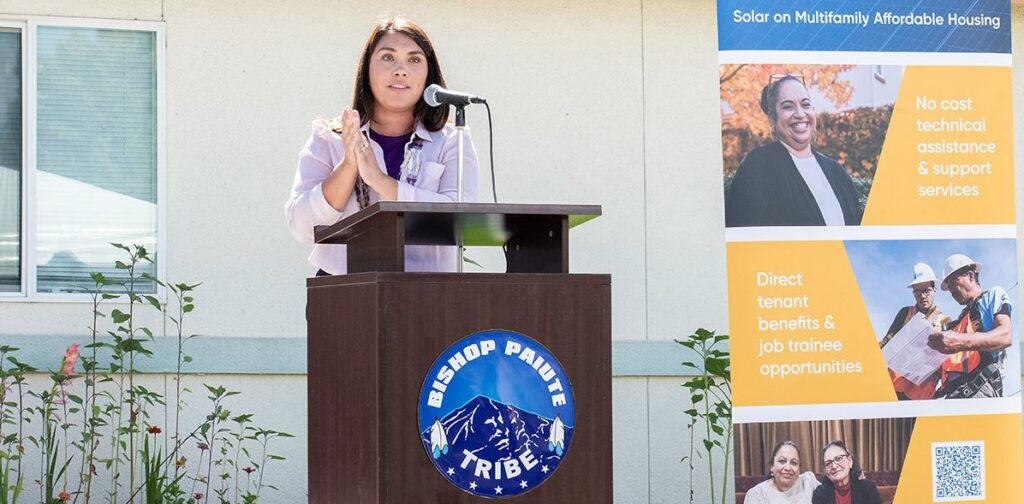Chairwoman Meryl Picard (Bishop Paiute Tribal Council) speaking at the ribbon-cutting