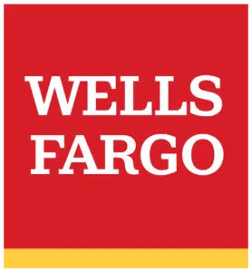 Wells Fargo logo: white text on red background with yellow stripe at bottom