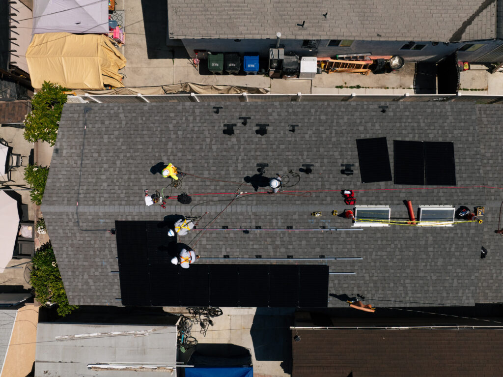 Aerial footage of solar panels on residential home