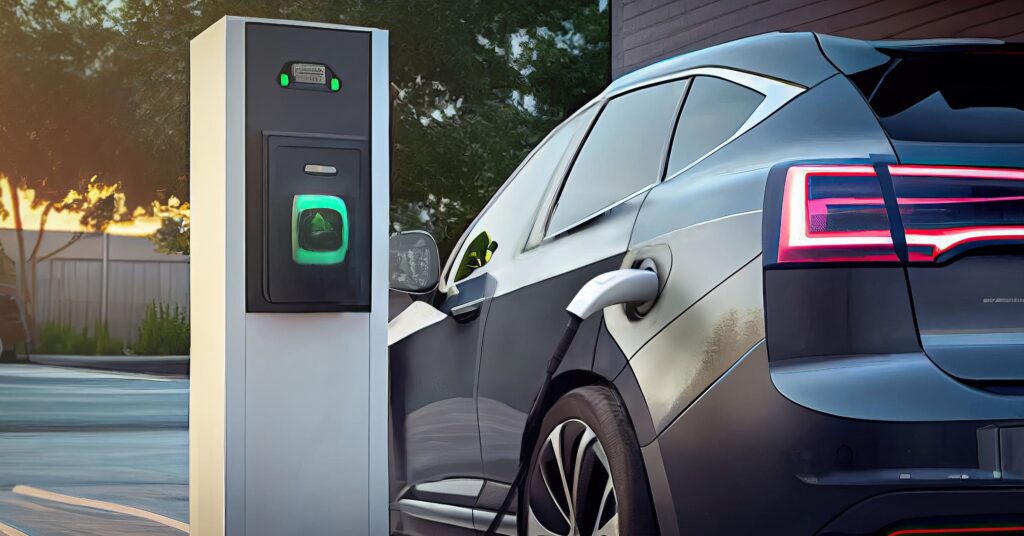 a small grey EV vehicle next to charging station